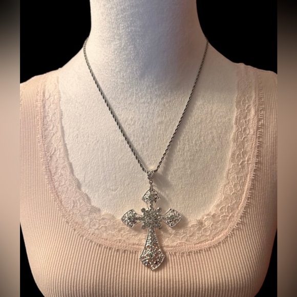 Gothic Cross Necklace Crystal Cross Choker Silver Tone Stainless Steel C… - Picture 3 of 12